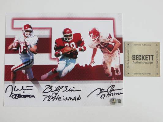 OKLAHOMA OU SOONERS HEISMAN BILLY SIMS STEVE OWENS JASON WHITE SIGNED 8x10 BAS