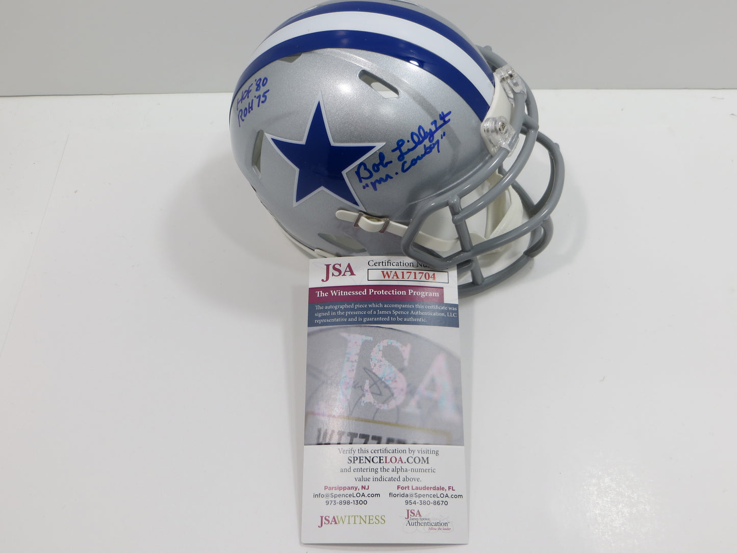 BOB LILLY SIGNED DALLAS COWBOYS MINI SILVER THROWBACK HELMET w/3 INSCs JSA