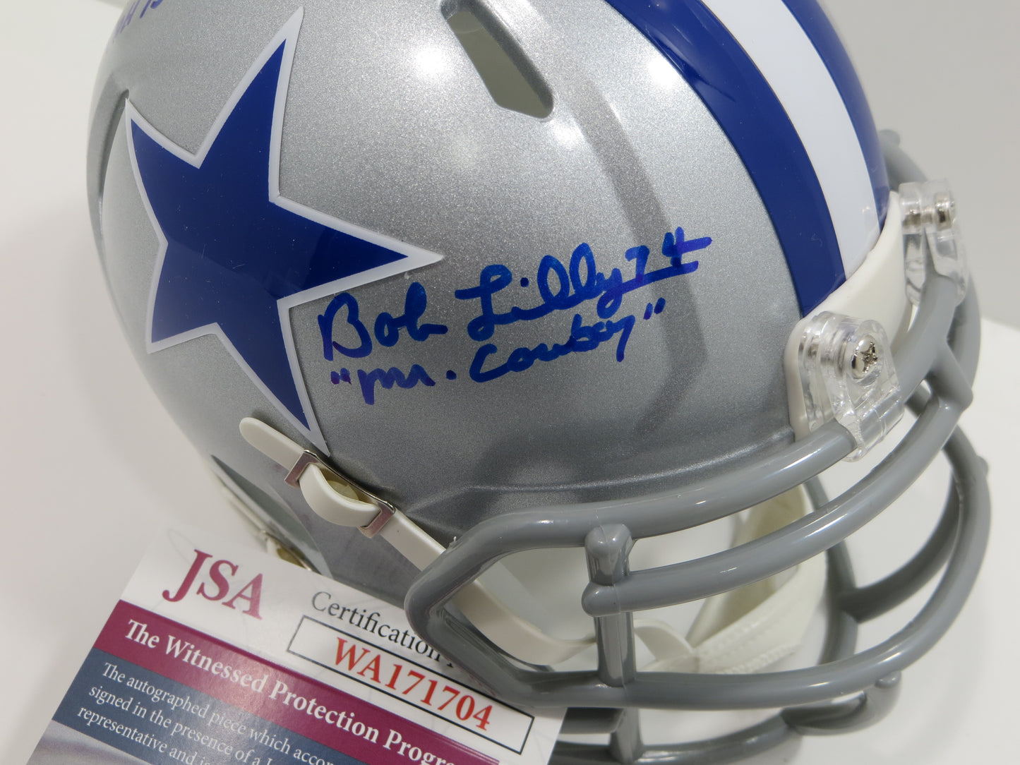 BOB LILLY SIGNED DALLAS COWBOYS MINI SILVER THROWBACK HELMET w/3 INSCs JSA