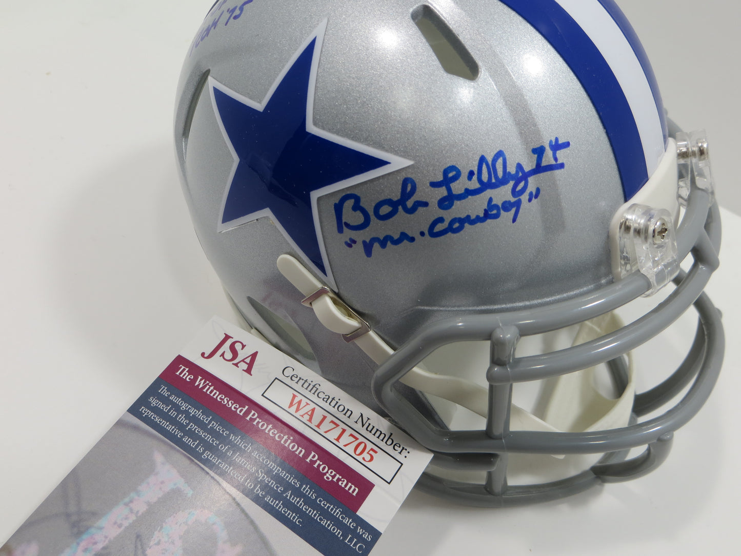 BOB LILLY SIGNED DALLAS COWBOYS MINI SILVER THROWBACK HELMET w/3 INSCs JSA