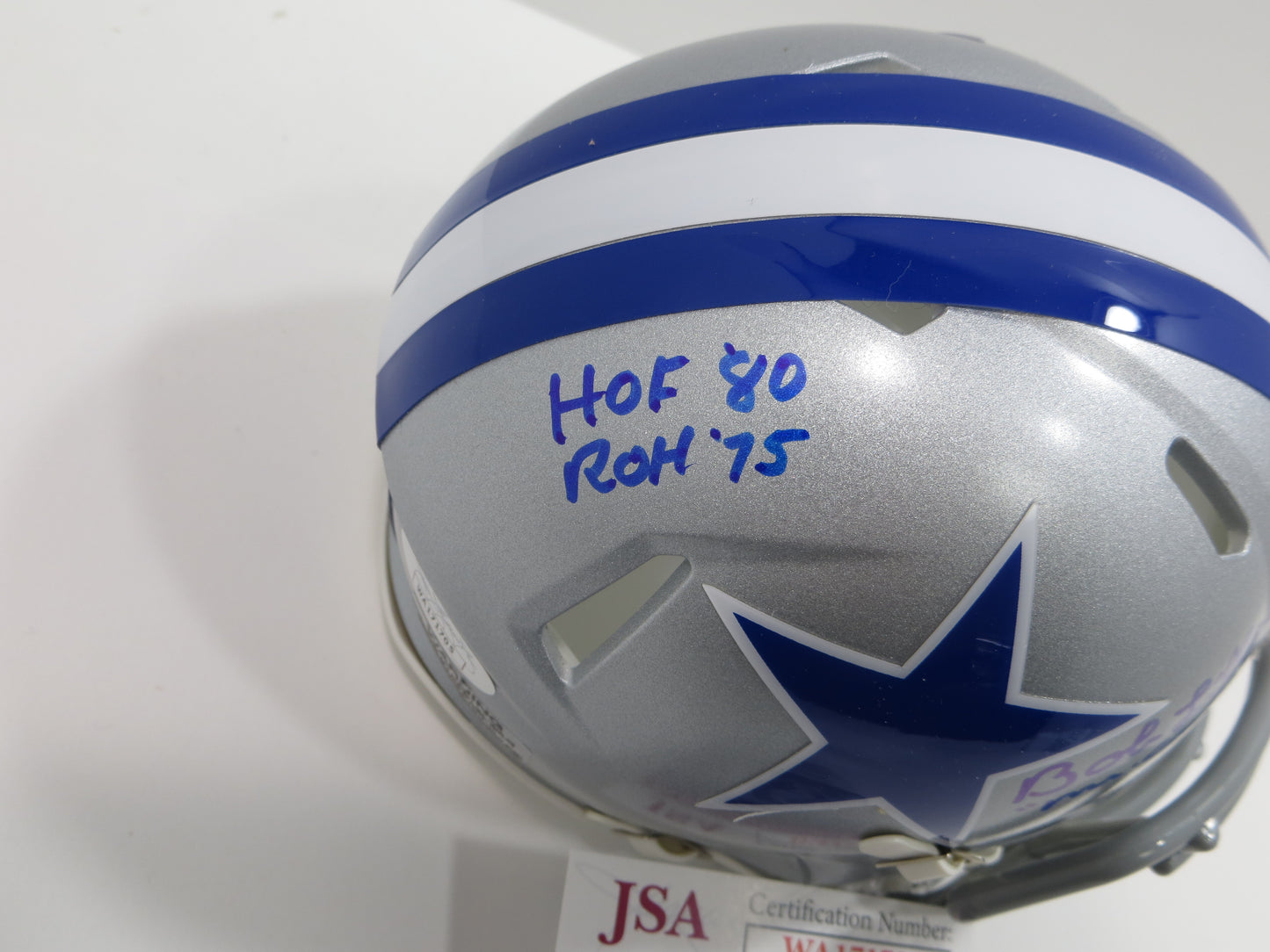 BOB LILLY SIGNED DALLAS COWBOYS MINI SILVER THROWBACK HELMET w/3 INSCs JSA