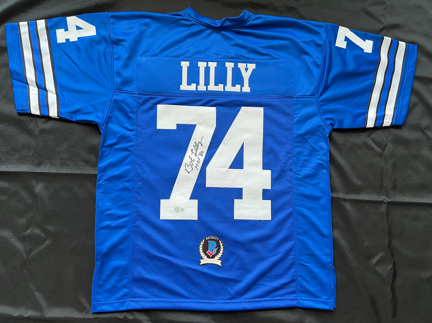 BOB LILLY SIGNED BLUE JERSEY Size L Dallas Cowboys w/HOF 80 BAS COA