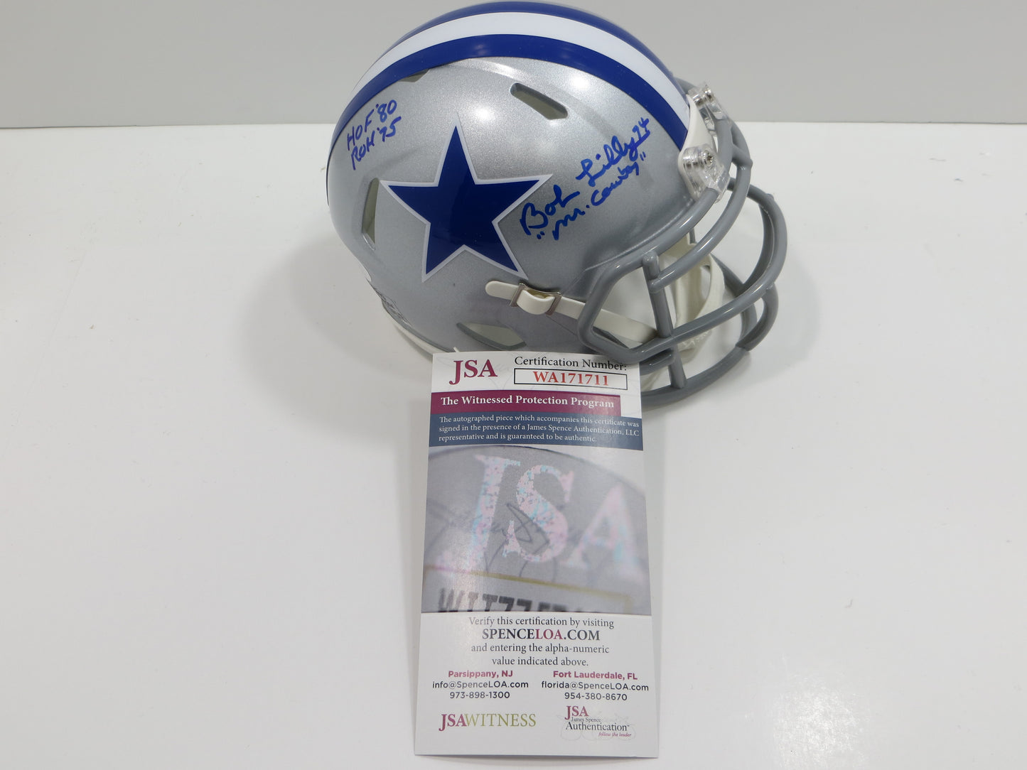 BOB LILLY SIGNED DALLAS COWBOYS MINI SILVER THROWBACK HELMET w/3 INSCs JSA