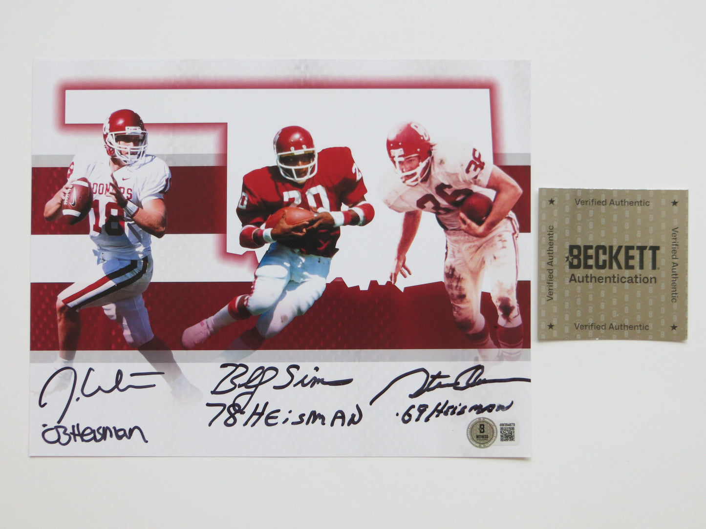 OKLAHOMA OU SOONERS HEISMAN BILLY SIMS STEVE OWENS JASON WHITE SIGNED 8x10 BAS