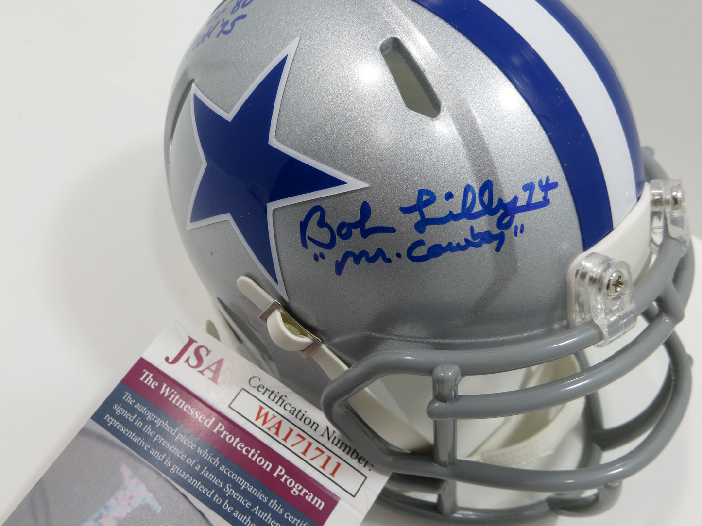 BOB LILLY SIGNED DALLAS COWBOYS MINI SILVER THROWBACK HELMET w/3 INSCs JSA