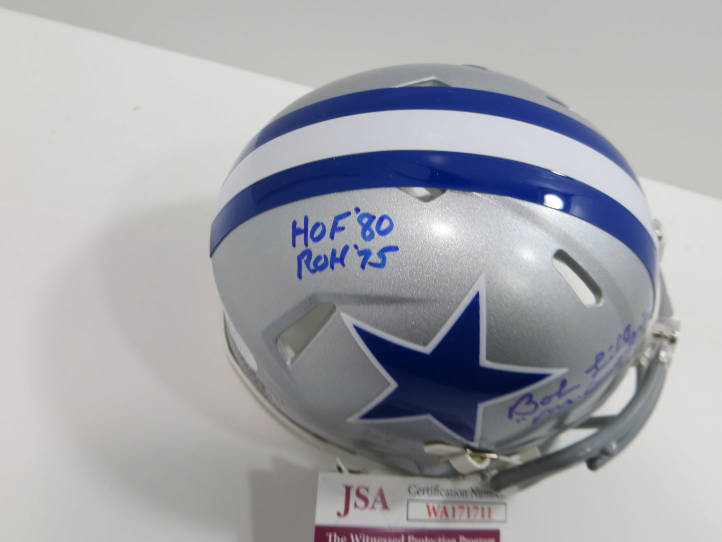 BOB LILLY SIGNED DALLAS COWBOYS MINI SILVER THROWBACK HELMET w/3 INSCs JSA