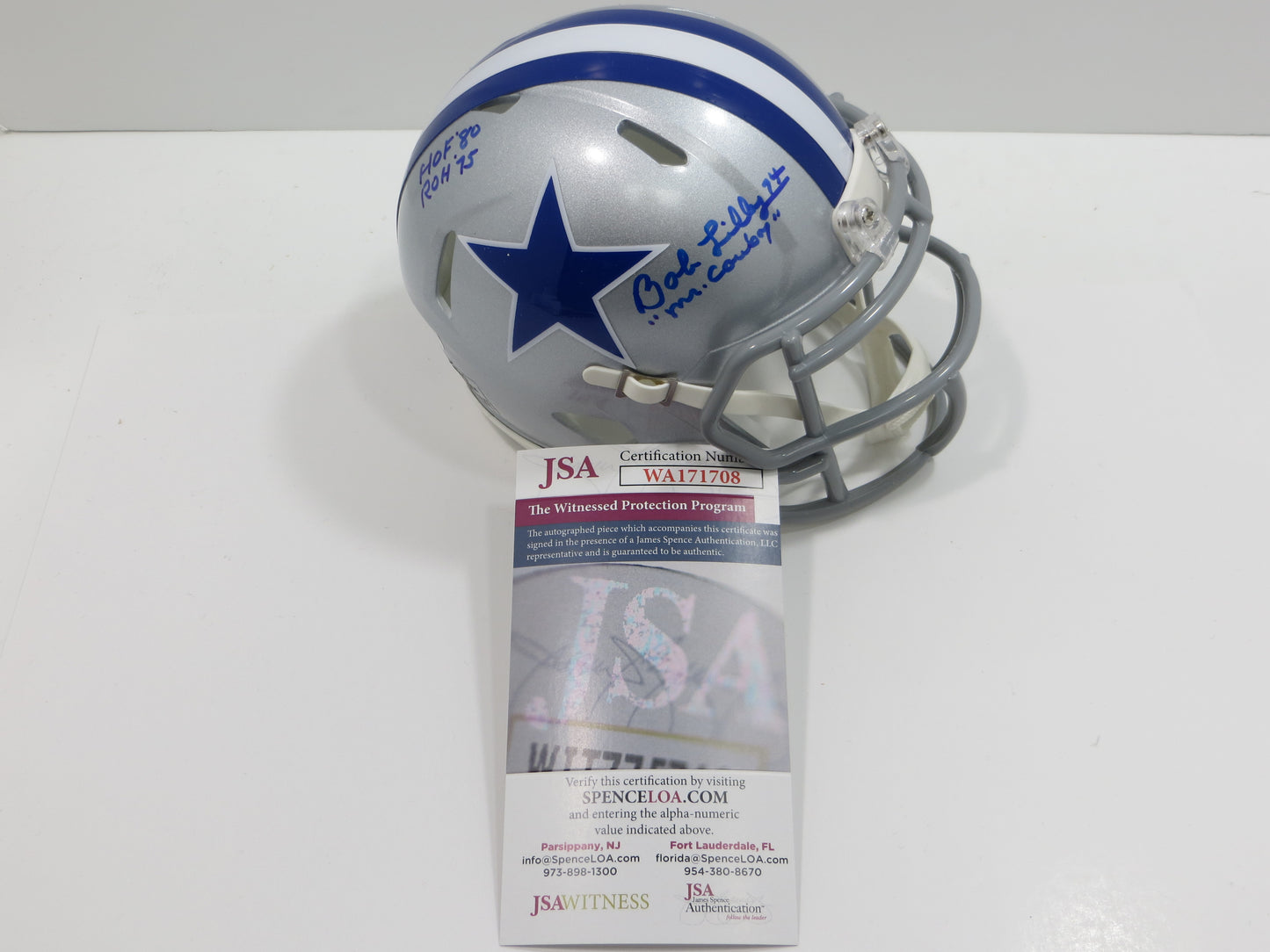 BOB LILLY SIGNED DALLAS COWBOYS MINI SILVER THROWBACK HELMET w/3 INSCs JSA