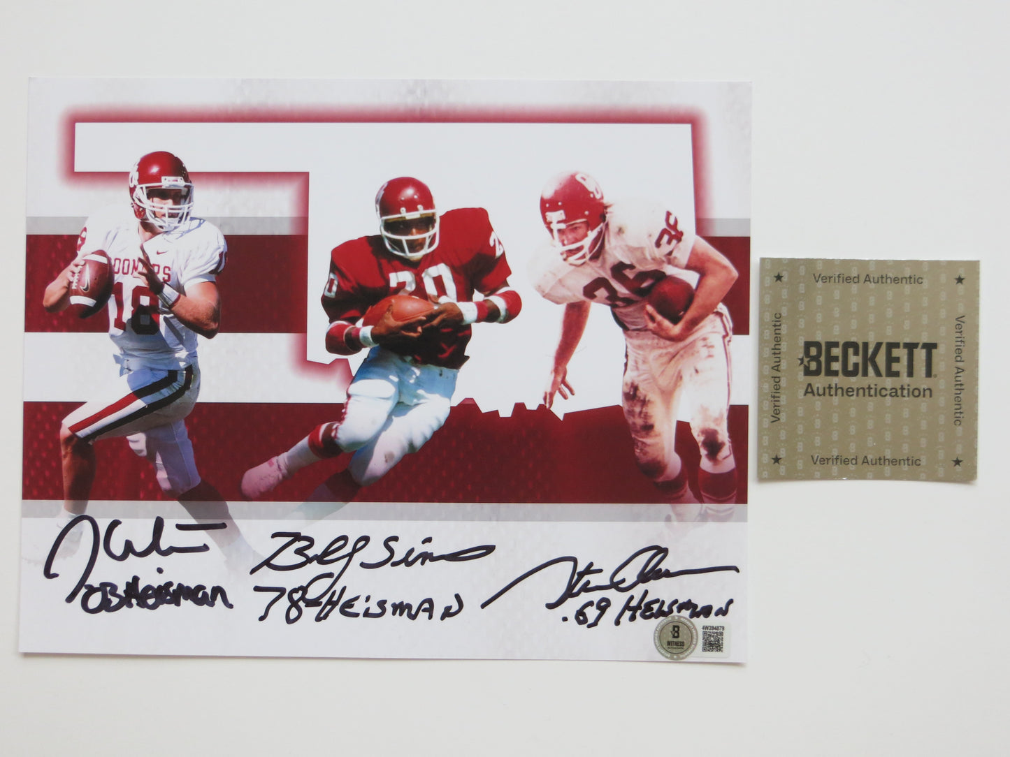 OKLAHOMA OU SOONERS HEISMAN BILLY SIMS STEVE OWENS JASON WHITE SIGNED 8x10 BAS