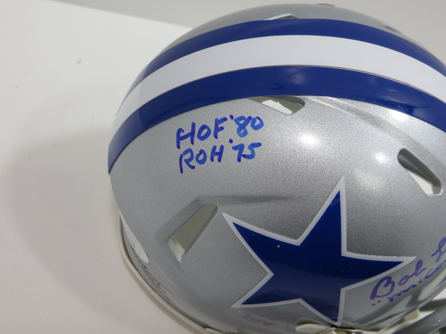 BOB LILLY SIGNED DALLAS COWBOYS MINI SILVER THROWBACK HELMET w/3 INSCs JSA