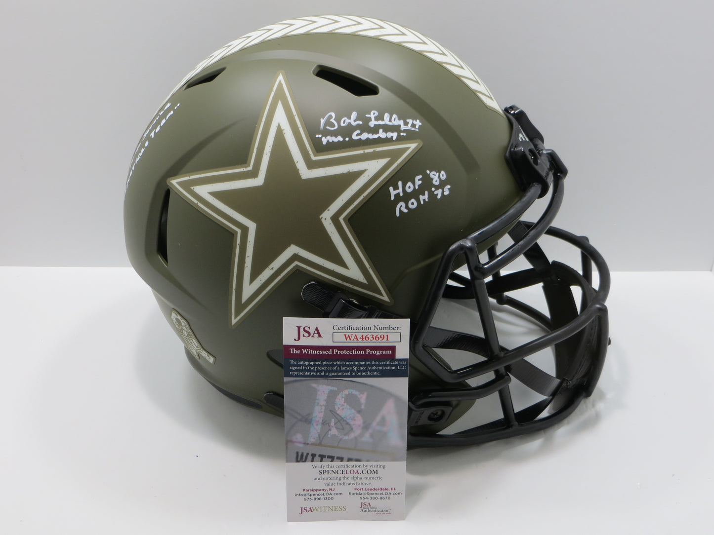 BOB LILLY SIGNED DALLAS COWBOYS FULL SIZE Salute to Service HELMET w/5INSCs JSA