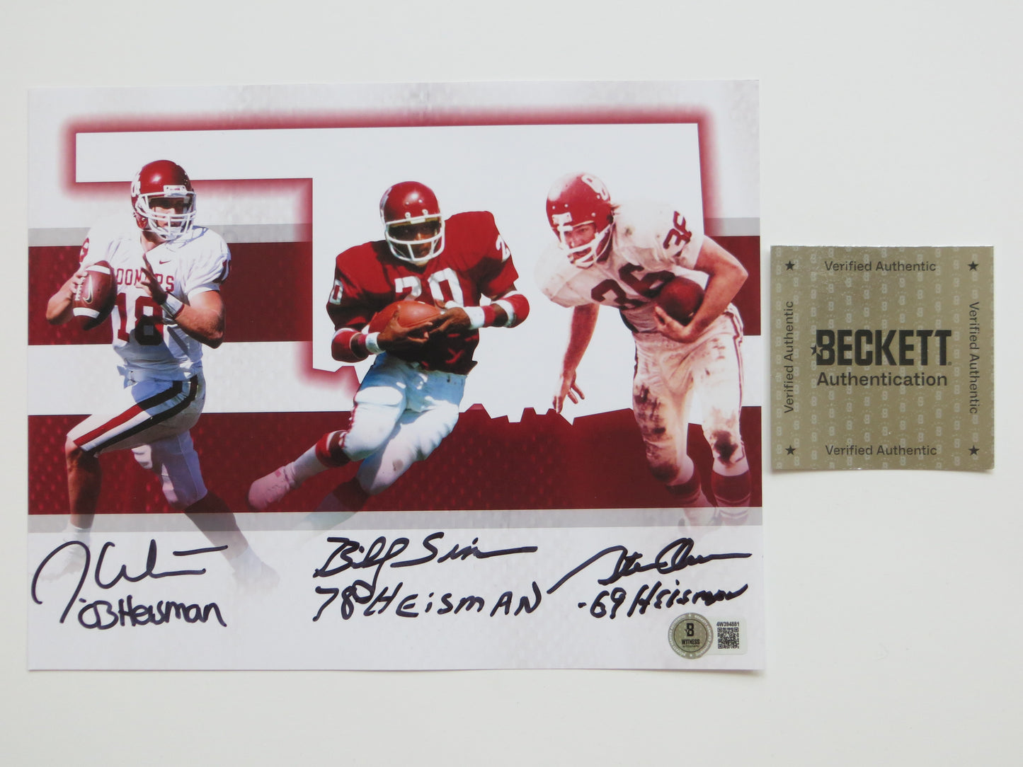 OKLAHOMA OU SOONERS HEISMAN BILLY SIMS STEVE OWENS JASON WHITE SIGNED 8x10 BAS