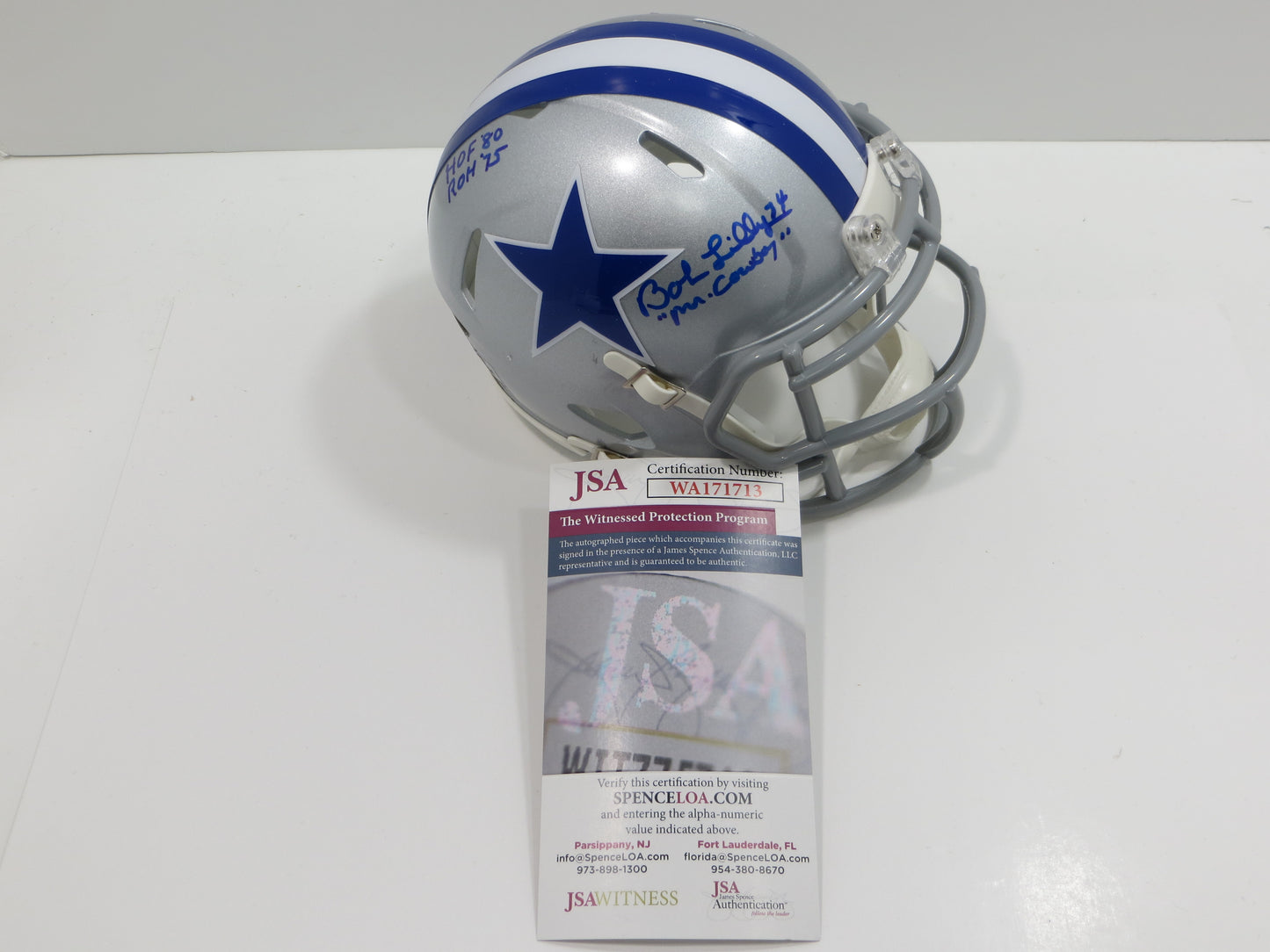 BOB LILLY SIGNED DALLAS COWBOYS MINI SILVER THROWBACK HELMET w/3 INSCs JSA