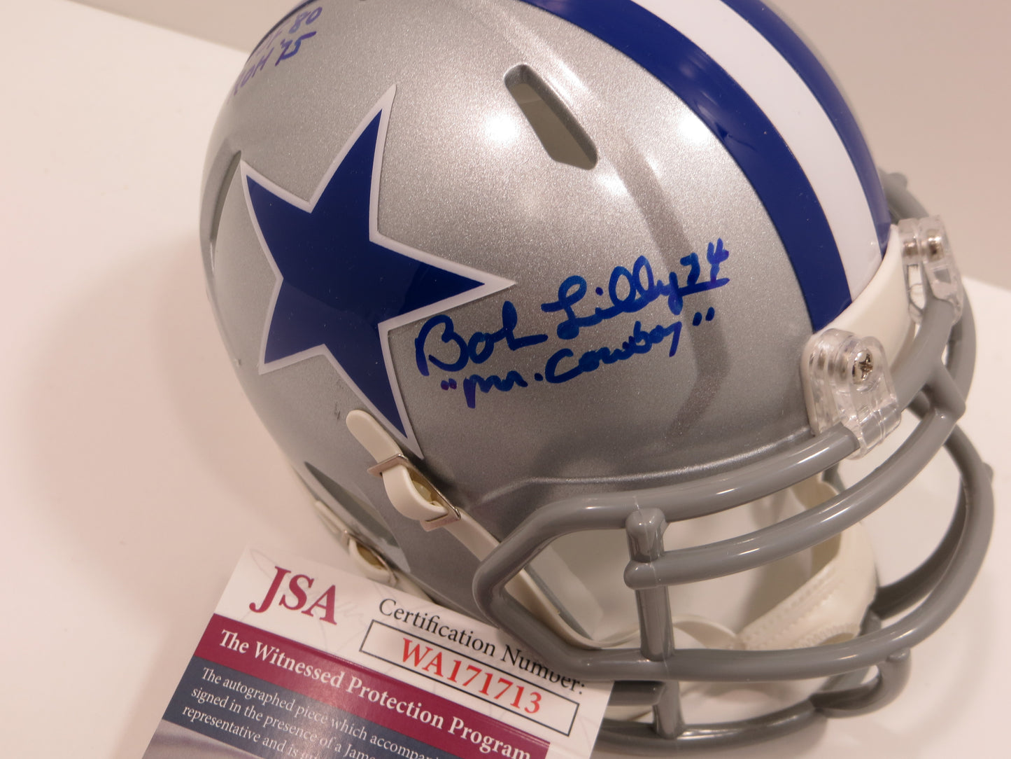 BOB LILLY SIGNED DALLAS COWBOYS MINI SILVER THROWBACK HELMET w/3 INSCs JSA