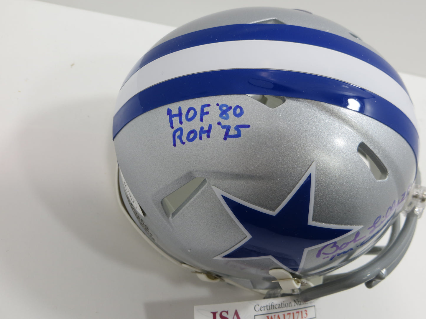 BOB LILLY SIGNED DALLAS COWBOYS MINI SILVER THROWBACK HELMET w/3 INSCs JSA