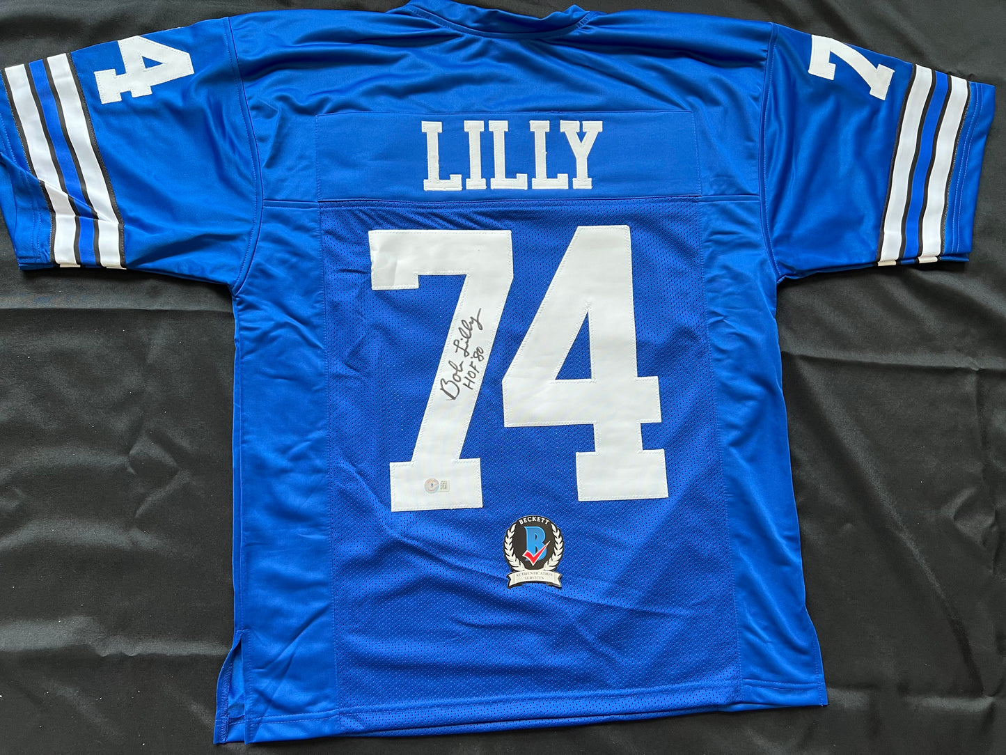BOB LILLY SIGNED BLUE JERSEY Size L Dallas Cowboys w/HOF 80 BAS COA