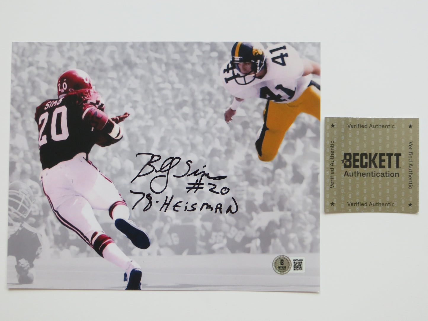 BILLY SIMS OKLAHOMA OU SOONERS SIGNED 8x10 PHOTO vs IOWA Bob Stoops BAS