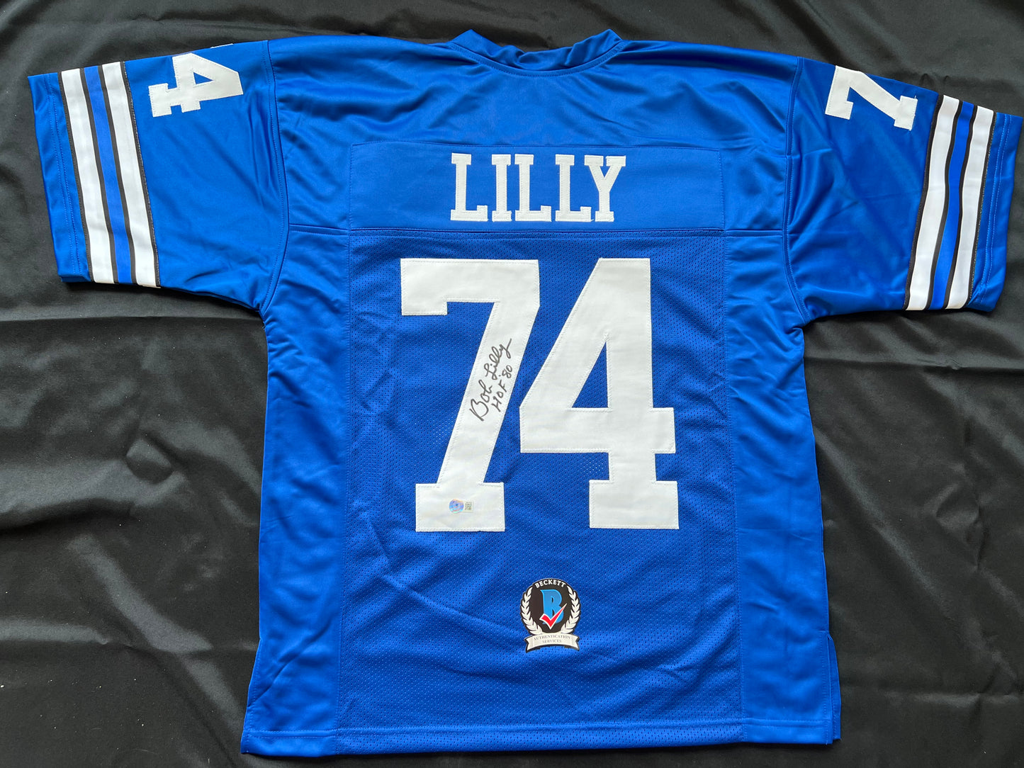 BOB LILLY SIGNED BLUE JERSEY Size L Dallas Cowboys w/HOF 80 BAS COA