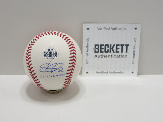 EVAN CARTER TEXAS RANGERS SIGNED 2023 World Series BASEBALL w/Champs BAS