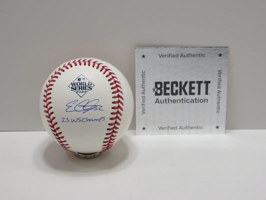 EVAN CARTER TEXAS RANGERS SIGNED 2023 World Series BASEBALL w/Champs BAS