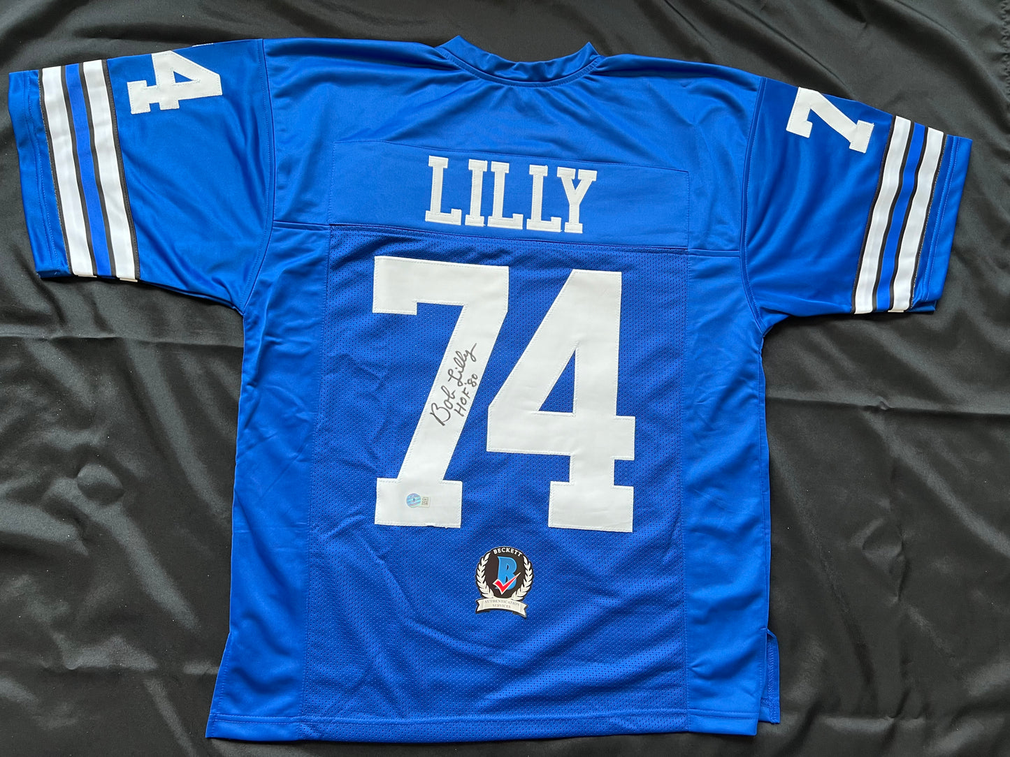 BOB LILLY SIGNED BLUE JERSEY Size L Dallas Cowboys w/HOF 80 BAS COA