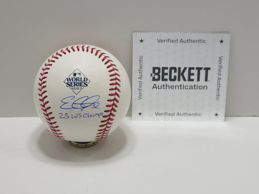 EVAN CARTER TEXAS RANGERS SIGNED 2023 World Series BASEBALL w/Champs BAS