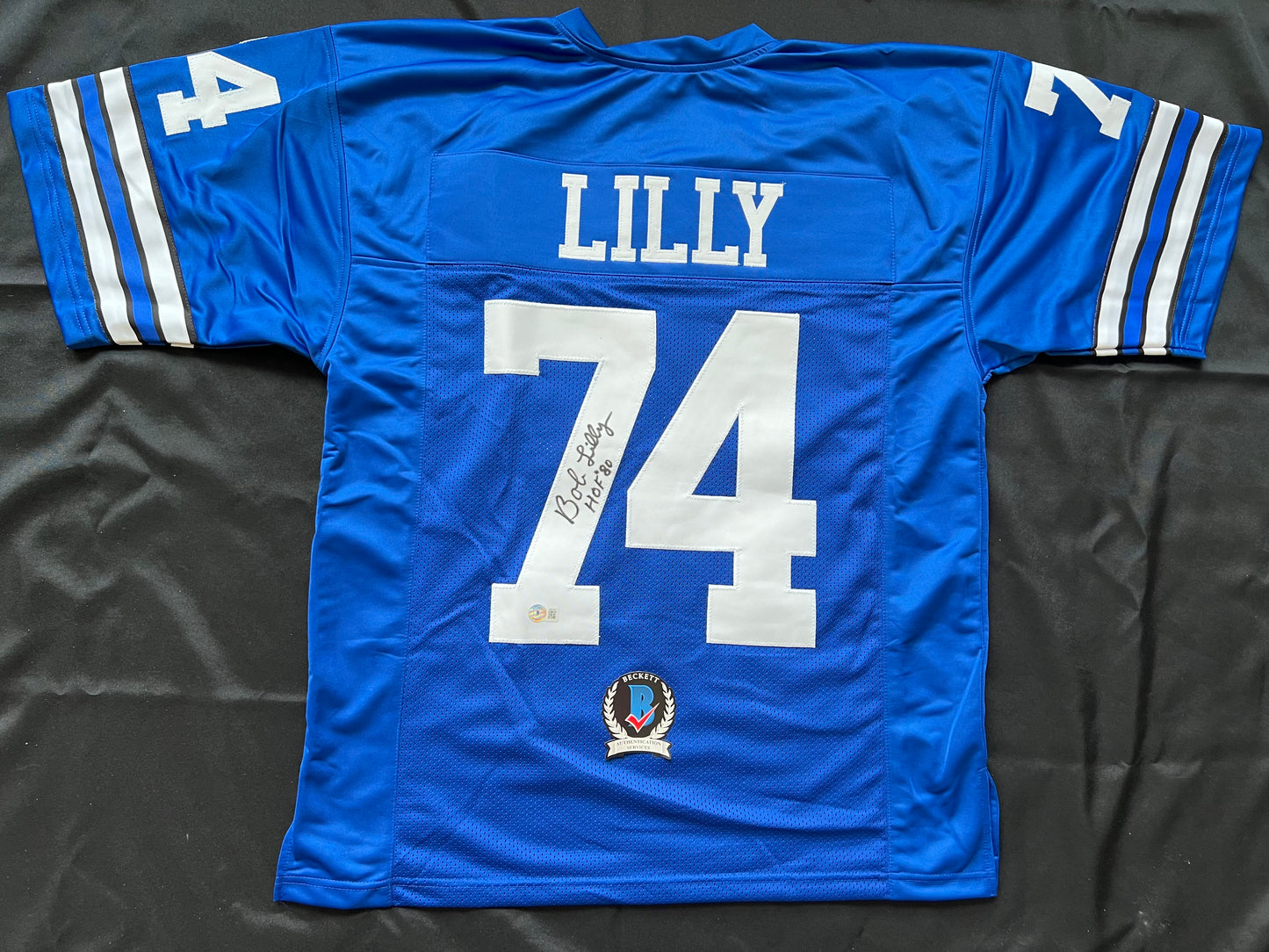 BOB LILLY SIGNED BLUE JERSEY Size L Dallas Cowboys w/HOF 80 BAS COA