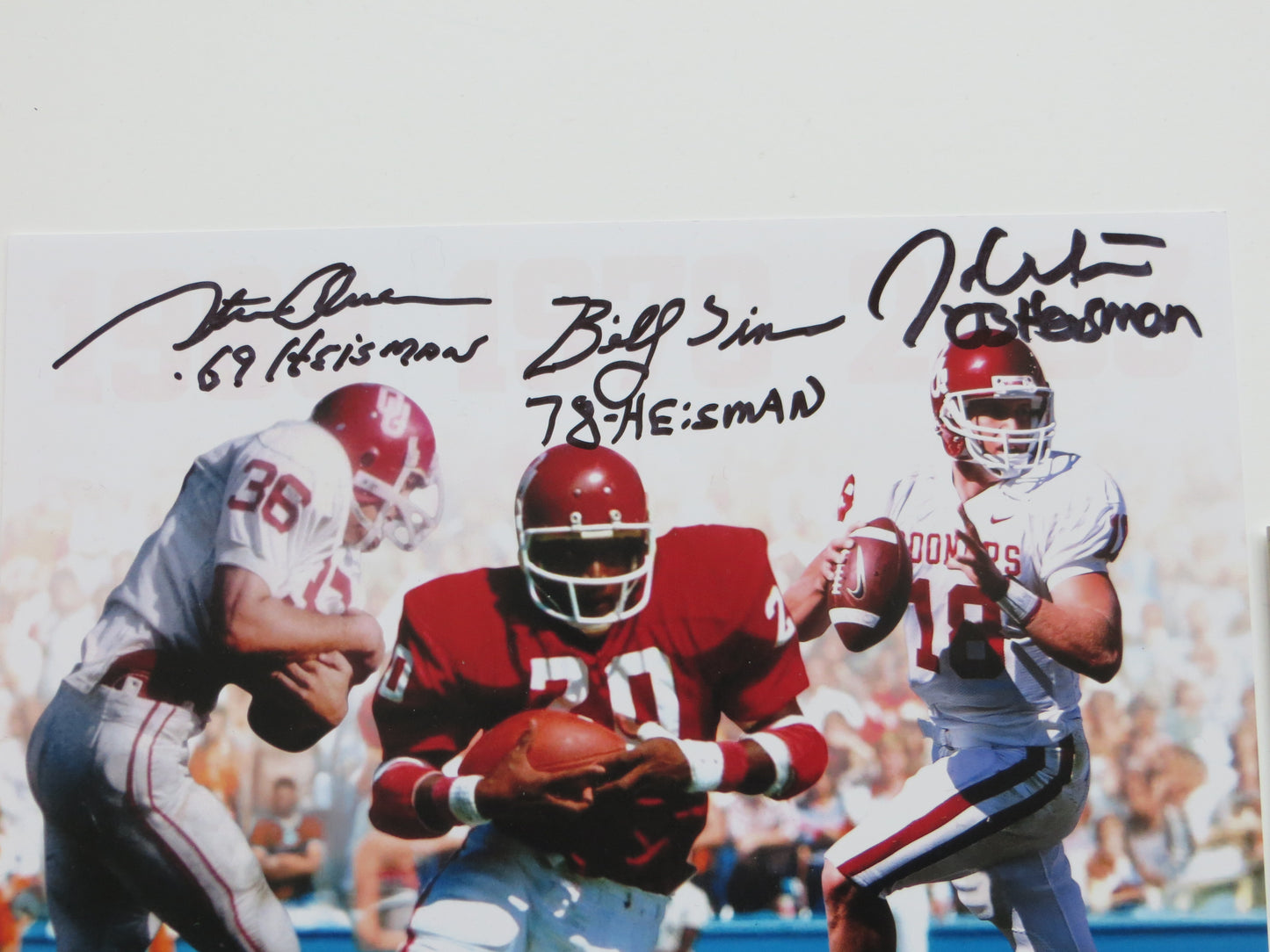 OKLAHOMA OU SOONERS HEISMAN BILLY SIMS STEVE OWENS JASON WHITE SIGNED Custom 8x10 BAS