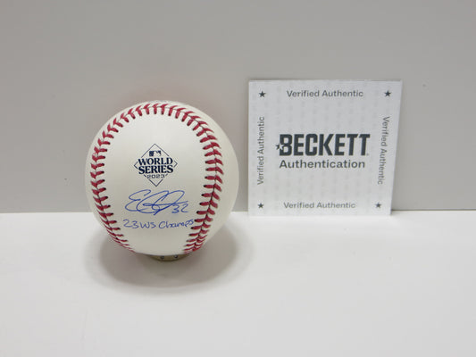 EVAN CARTER TEXAS RANGERS SIGNED 2023 World Series BASEBALL w/Champs BAS