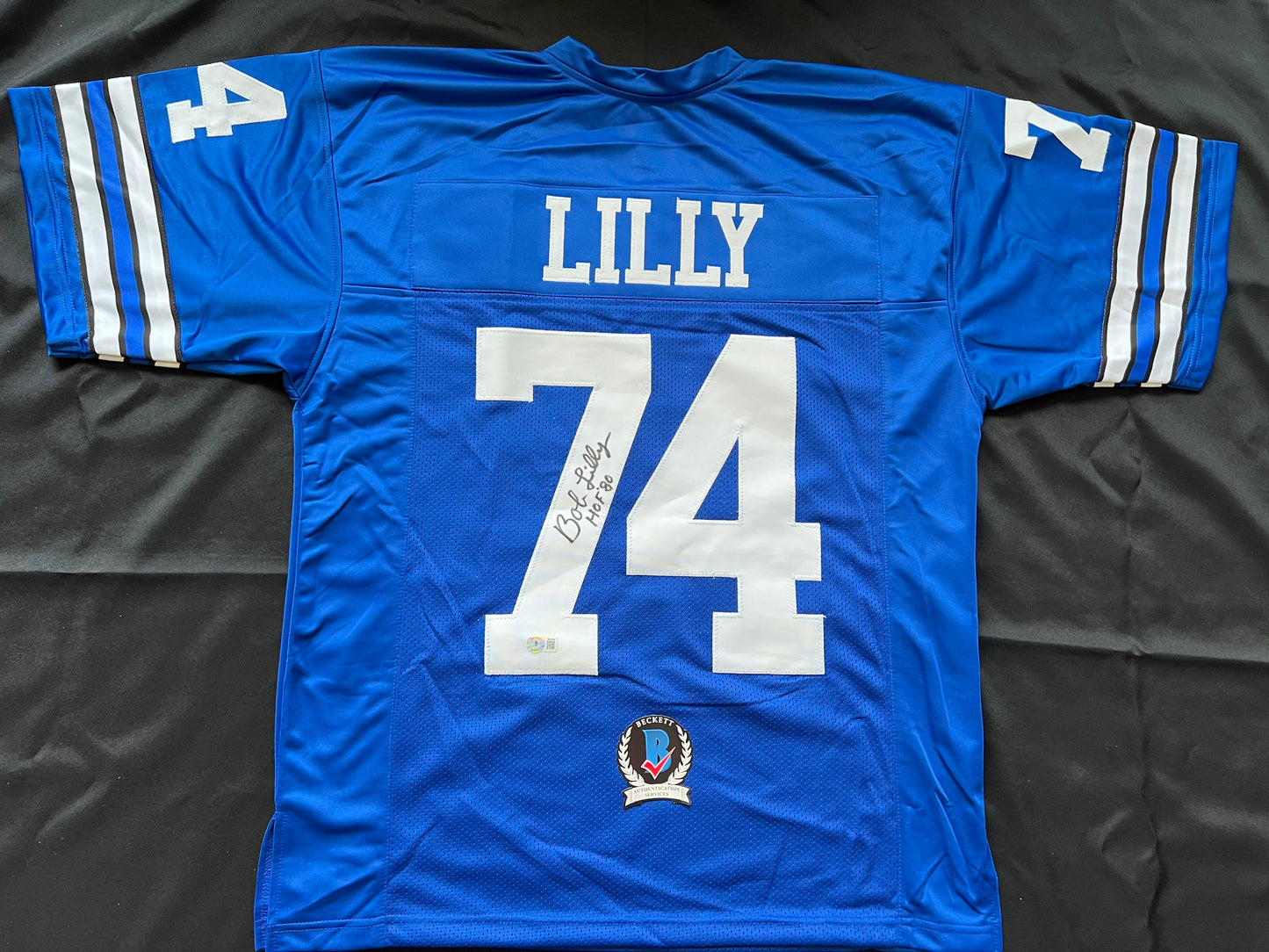 BOB LILLY SIGNED BLUE JERSEY Size L Dallas Cowboys w/HOF 80 BAS COA