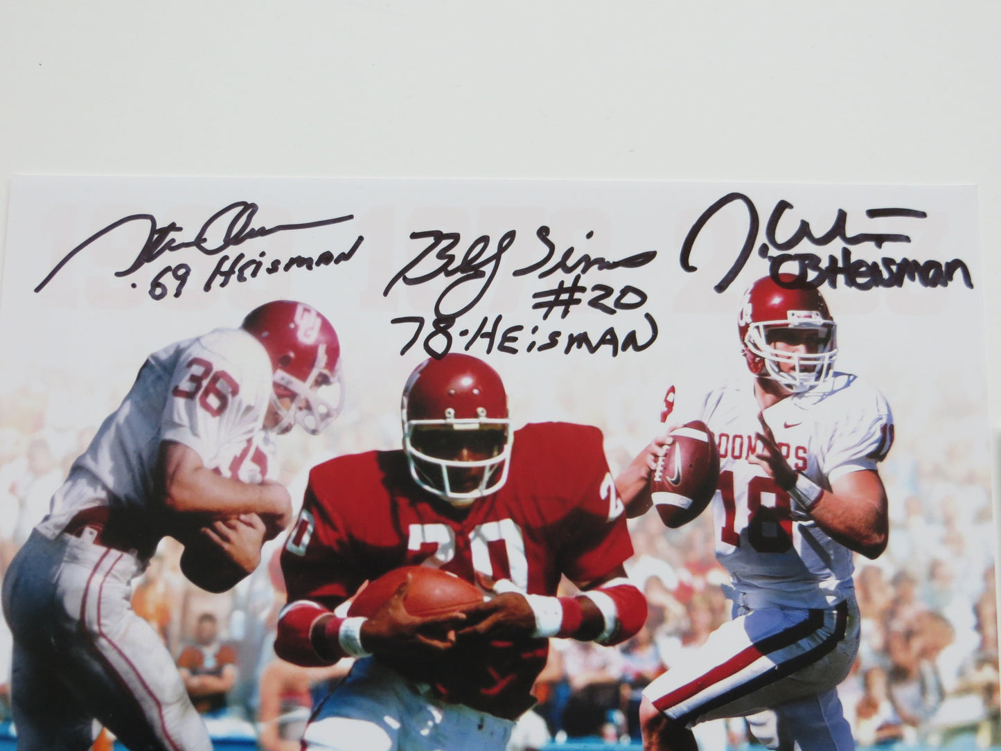 OKLAHOMA OU SOONERS HEISMAN BILLY SIMS STEVE OWENS JASON WHITE SIGNED Custom 8x10 BAS