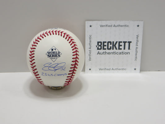 EVAN CARTER TEXAS RANGERS SIGNED 2023 World Series BASEBALL w/Champs BAS