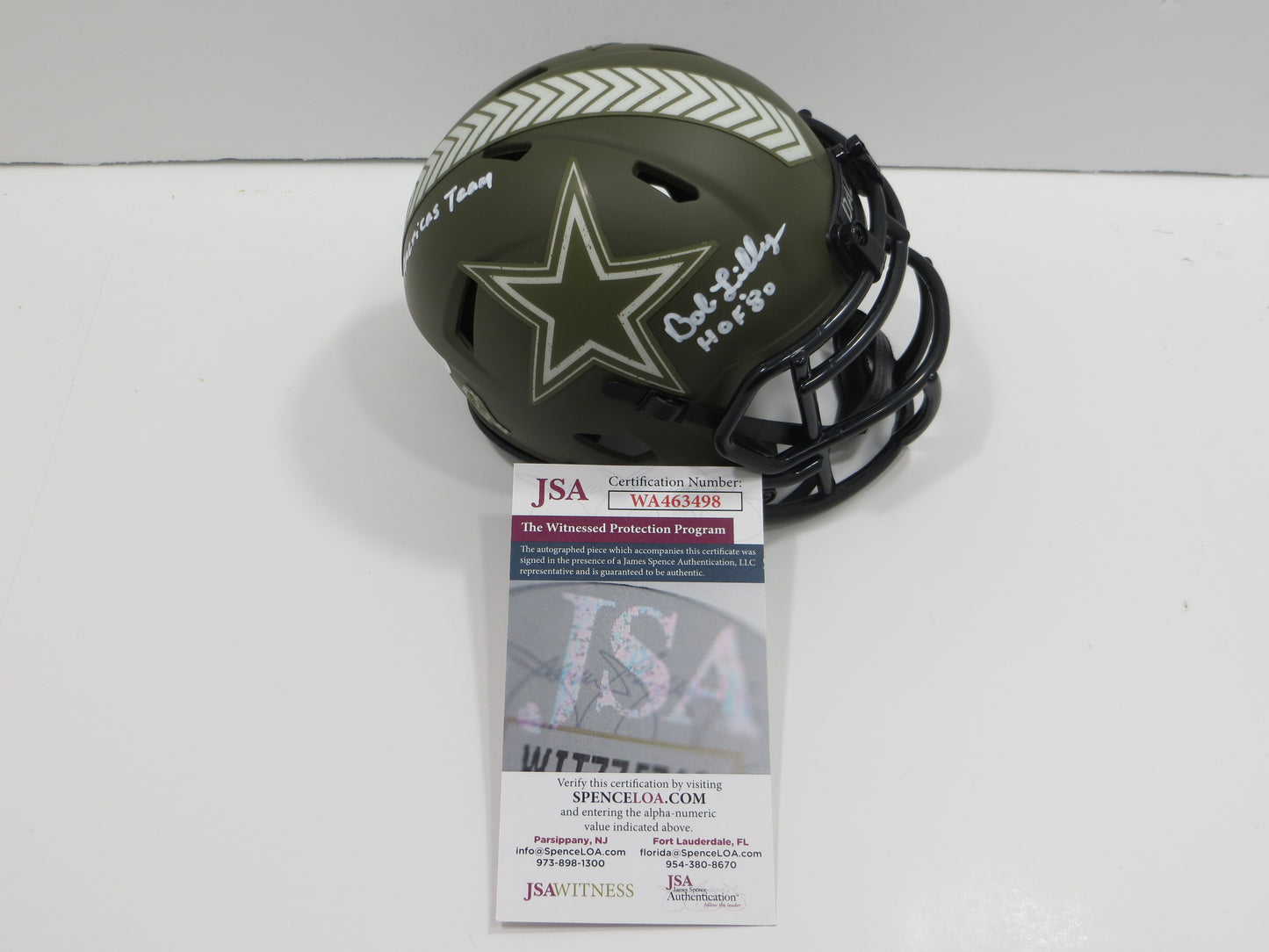 BOB LILLY SIGNED DALLAS COWBOYS MINI Salute to Service HELMET w/2 INSCs JSA COA