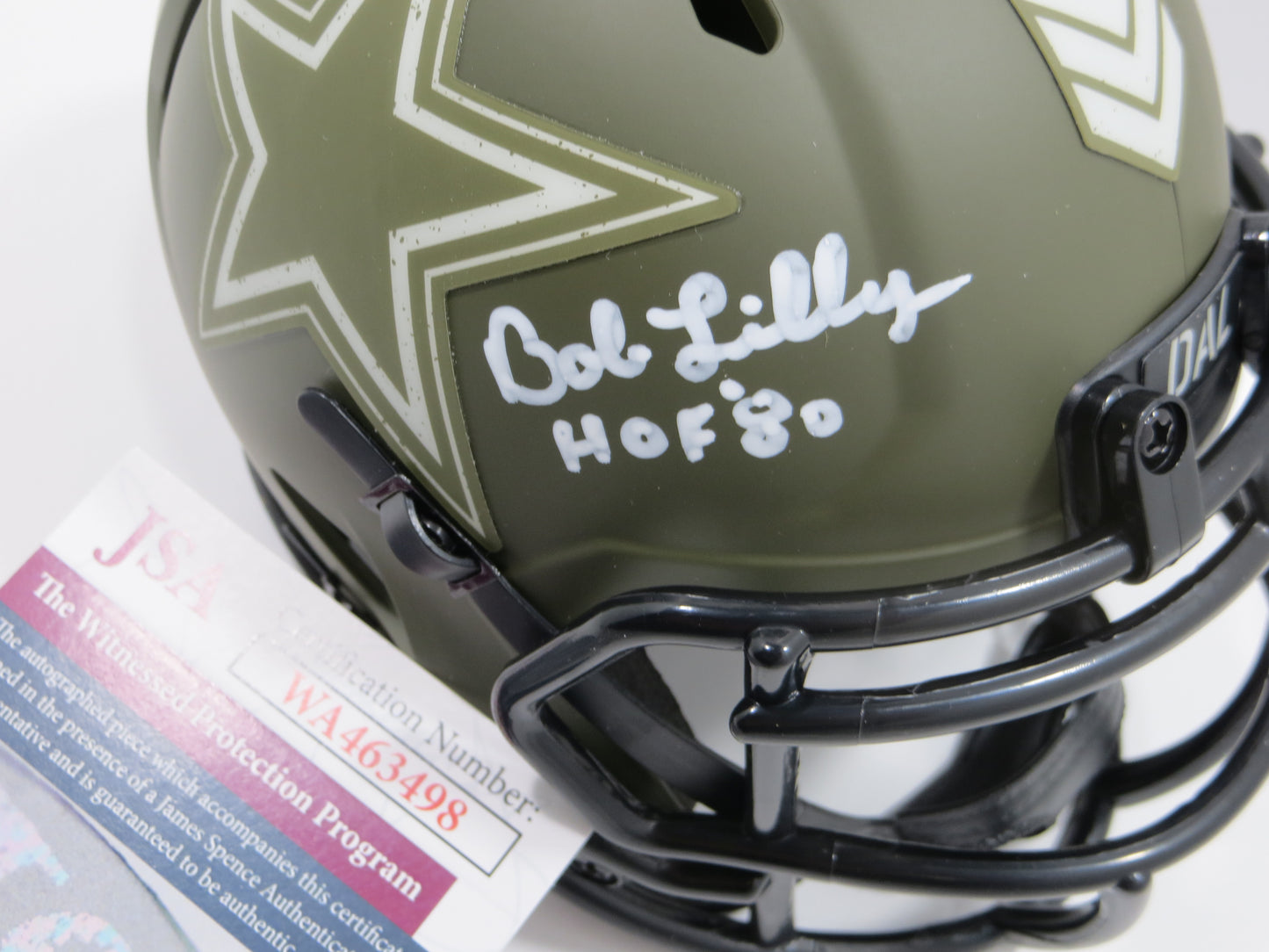 BOB LILLY SIGNED DALLAS COWBOYS MINI Salute to Service HELMET w/2 INSCs JSA COA