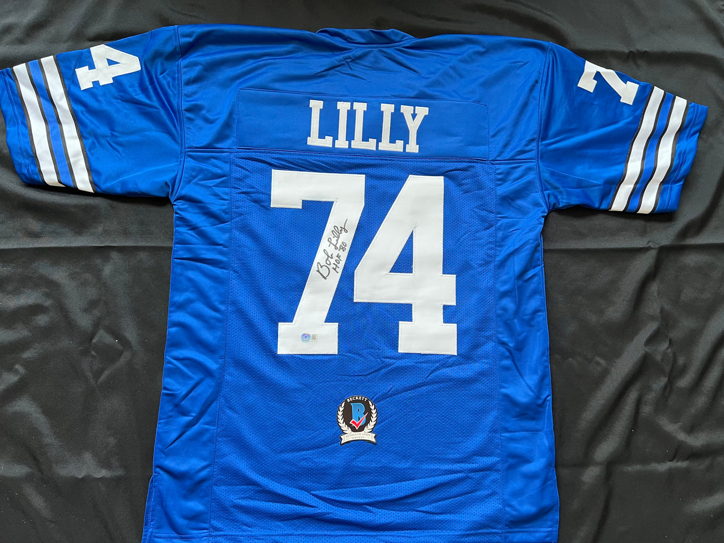BOB LILLY SIGNED BLUE JERSEY Size XL Dallas Cowboys w/HOF 80 BAS COA
