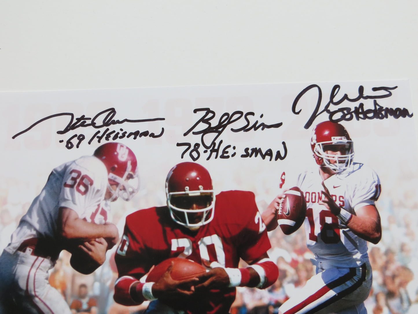 OKLAHOMA OU SOONERS HEISMAN BILLY SIMS STEVE OWENS JASON WHITE SIGNED Custom 8x10 BAS