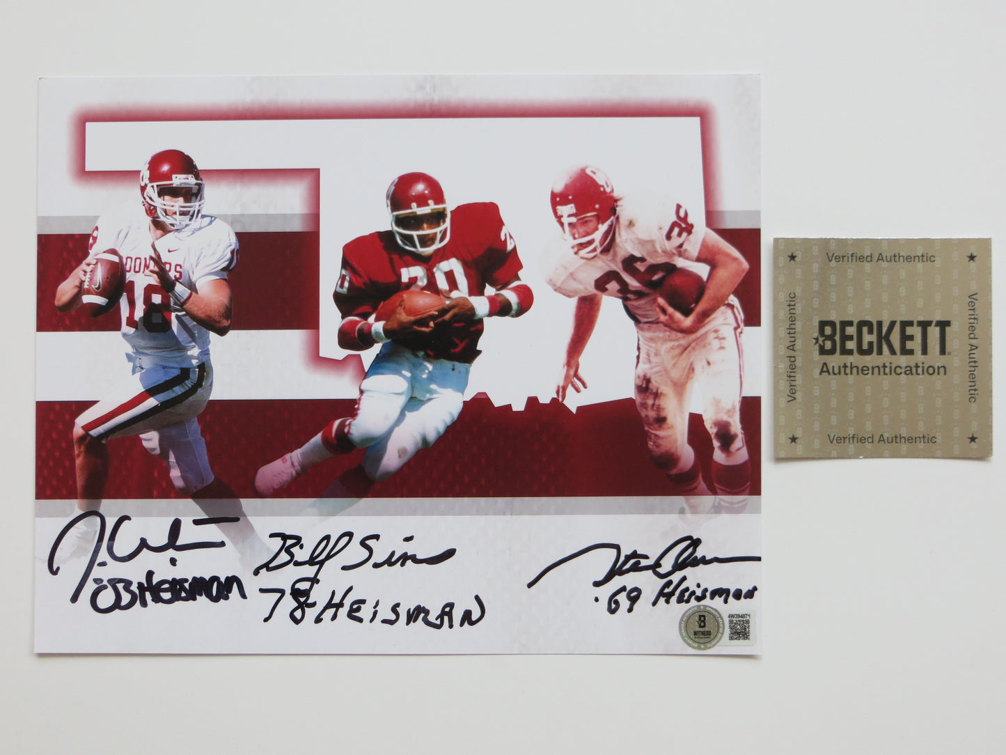 OKLAHOMA SOONERS HEISMAN BILLY SIMS STEVE OWENS JASON WHITE SIGNED 8x10 BAS