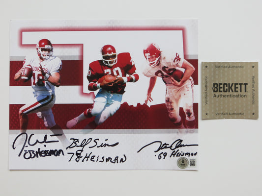 OKLAHOMA SOONERS HEISMAN BILLY SIMS STEVE OWENS JASON WHITE SIGNED 8x10 BAS