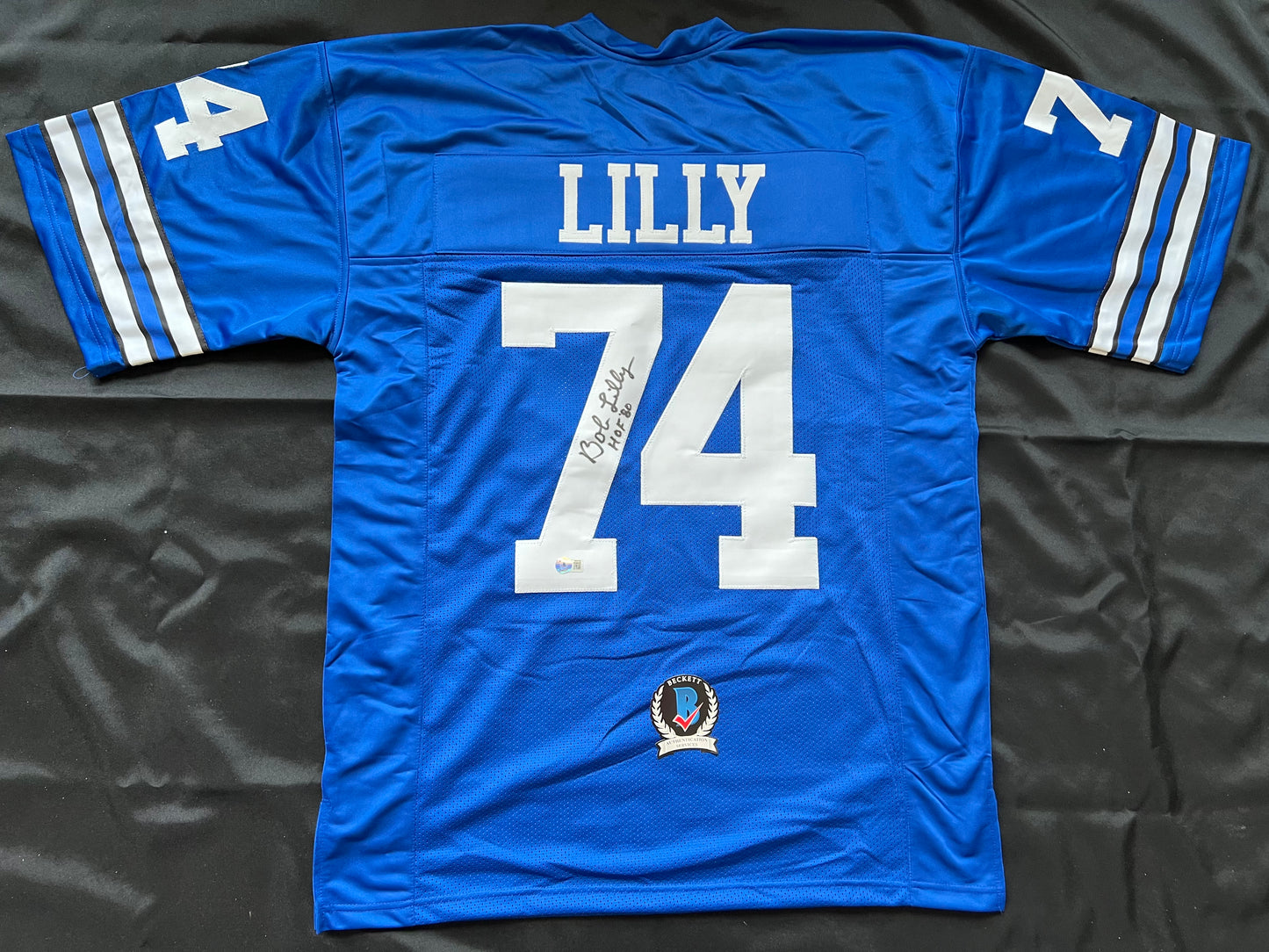 BOB LILLY SIGNED BLUE JERSEY Size XL Dallas Cowboys w/HOF 80 BAS COA