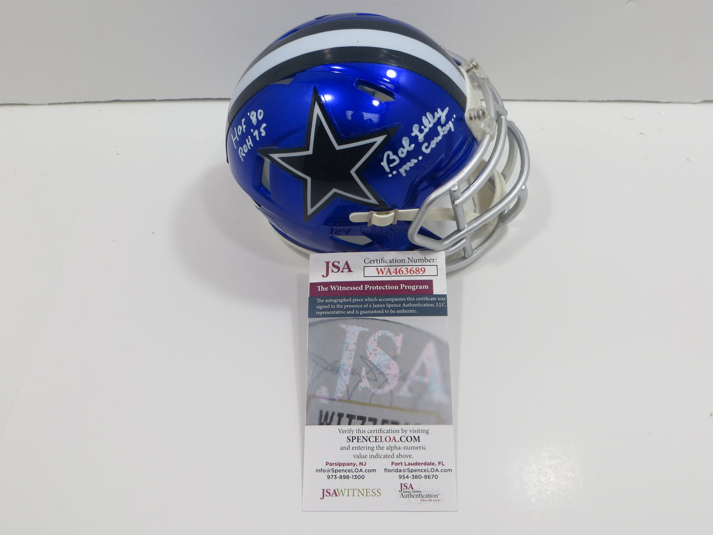 BOB LILLY SIGNED DALLAS COWBOYS MINI FLASH HELMET w/3 INSCs JSA COA