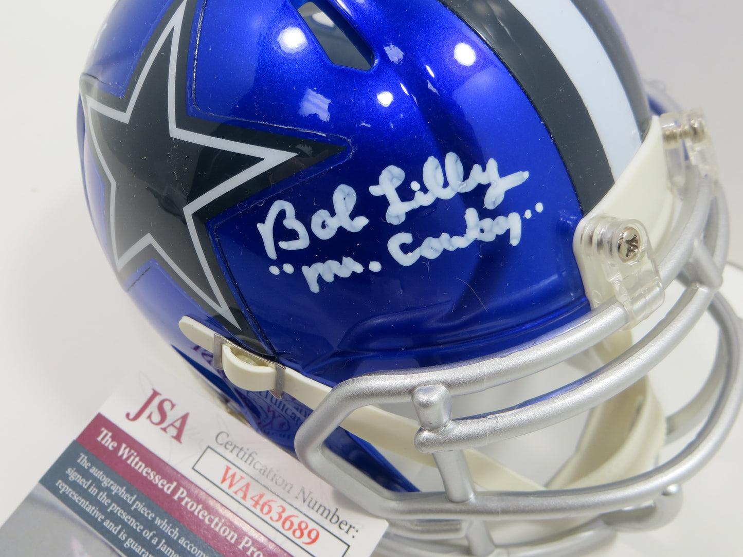 BOB LILLY SIGNED DALLAS COWBOYS MINI FLASH HELMET w/3 INSCs JSA COA
