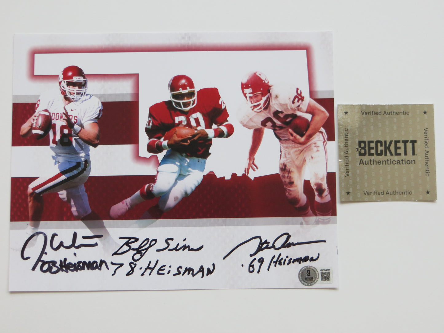 OKLAHOMA SOONERS HEISMAN BILLY SIMS STEVE OWENS JASON WHITE SIGNED 8x10 BAS