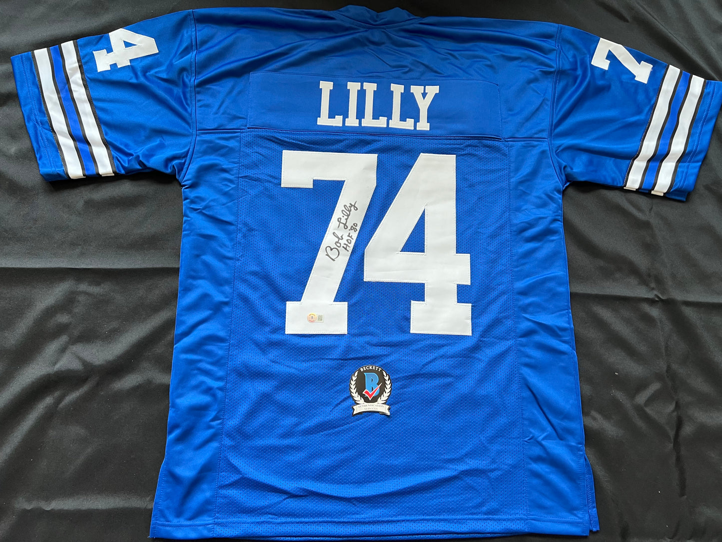 BOB LILLY SIGNED BLUE JERSEY Size XL Dallas Cowboys w/HOF 80 BAS COA