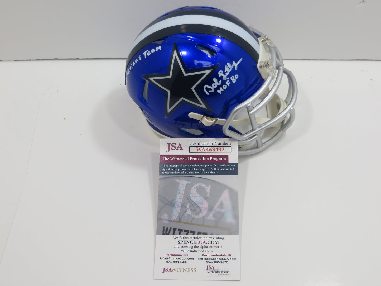 BOB LILLY SIGNED DALLAS COWBOYS MINI FLASH HELMET w/2 INSCs JSA COA