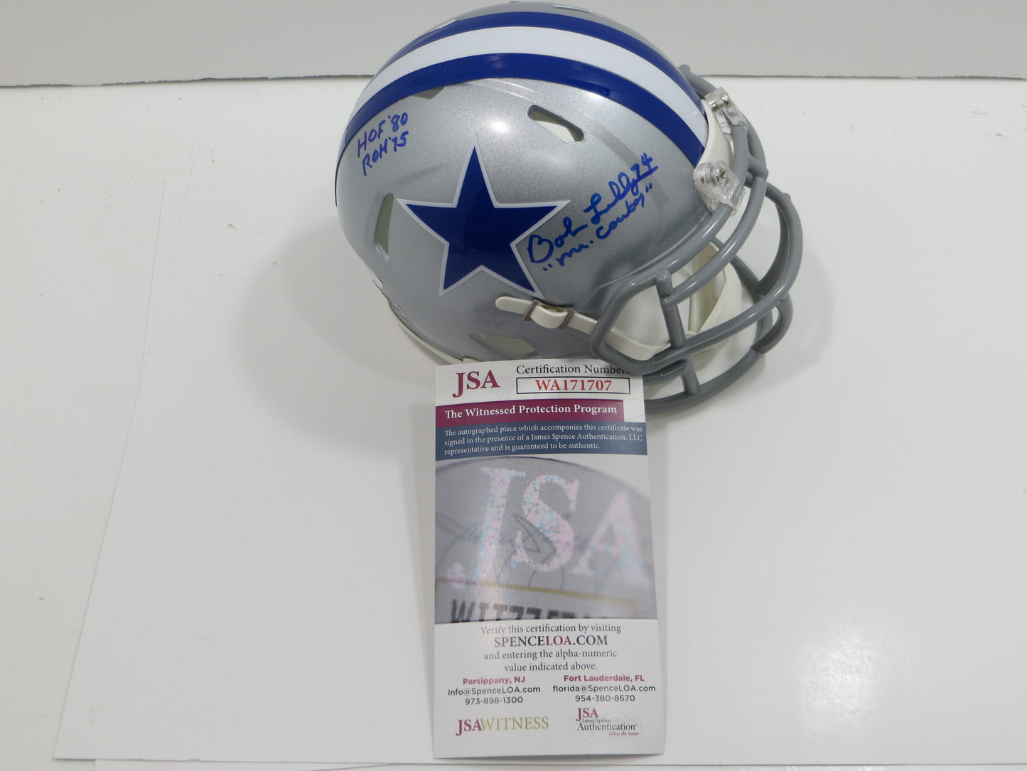 BOB LILLY SIGNED DALLAS COWBOYS MINI SILVER THROWBACK HELMET w/3 INSCs JSA