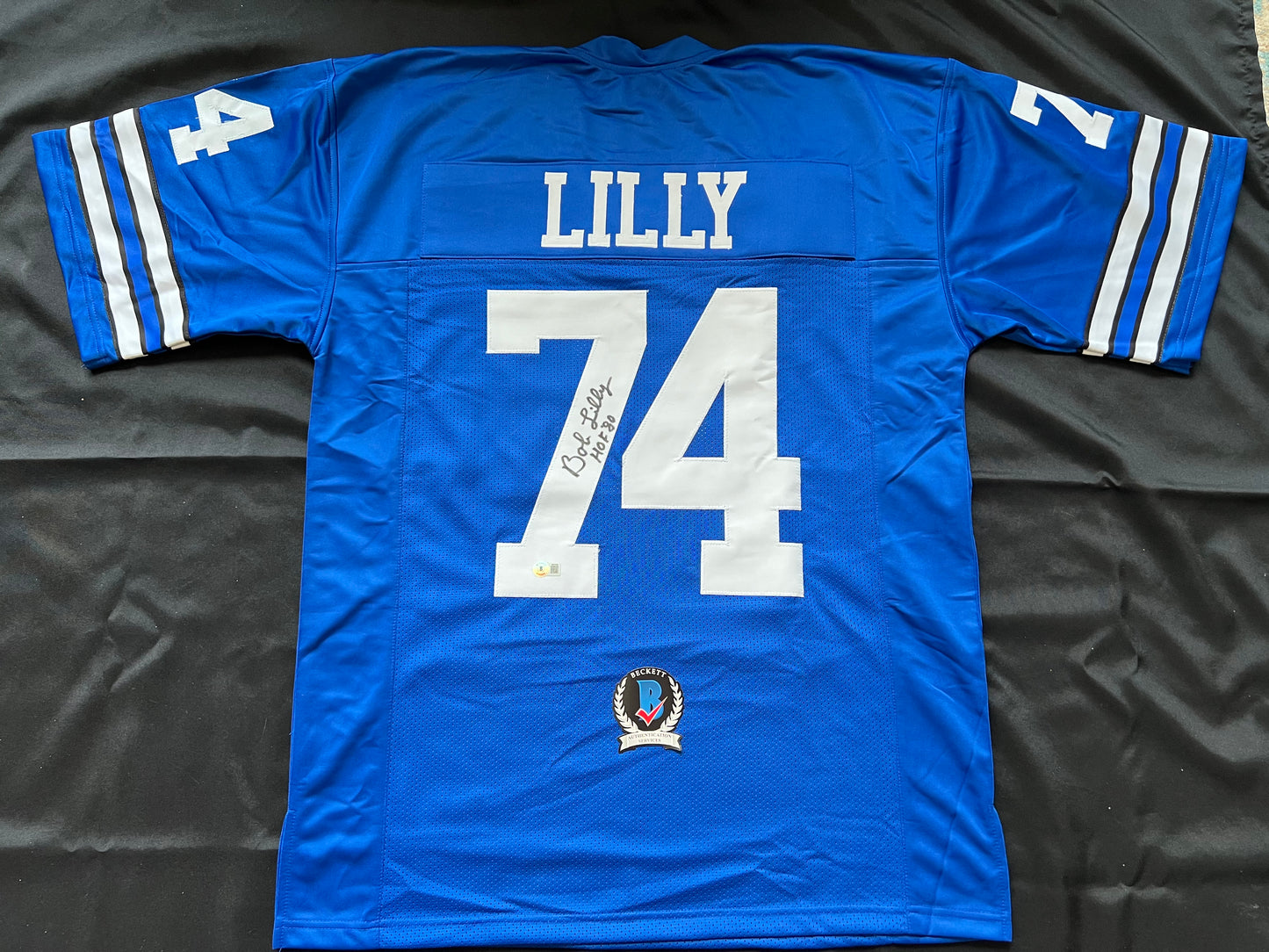 BOB LILLY SIGNED BLUE JERSEY Size XL Dallas Cowboys w/HOF 80 BAS COA