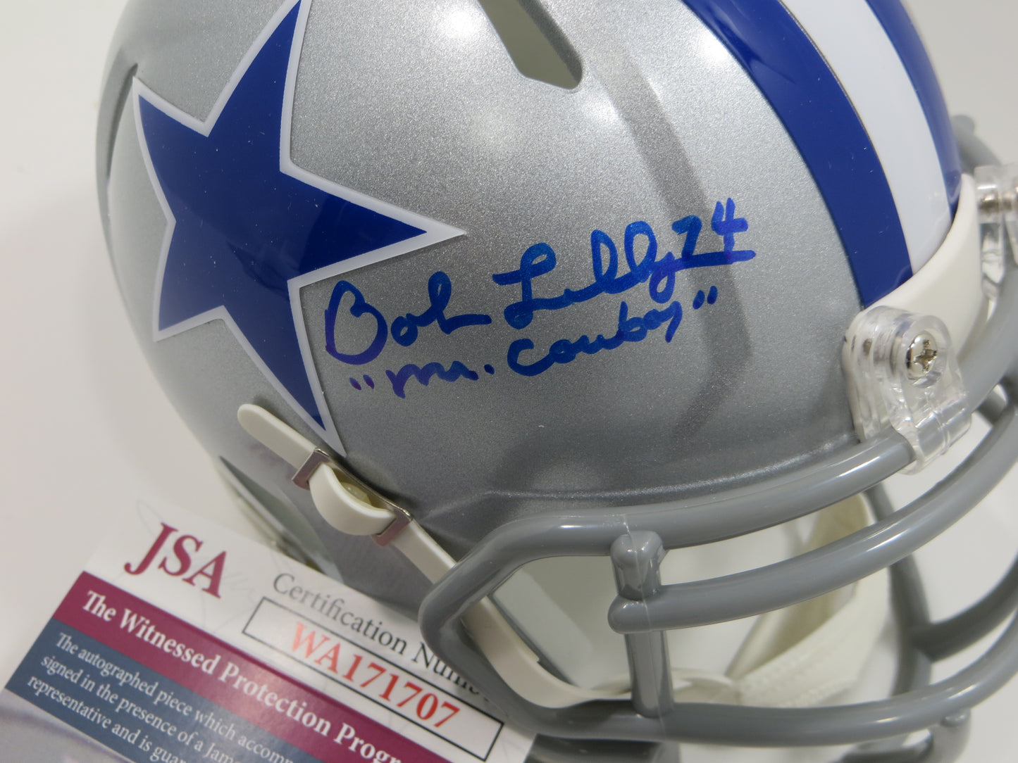 BOB LILLY SIGNED DALLAS COWBOYS MINI SILVER THROWBACK HELMET w/3 INSCs JSA