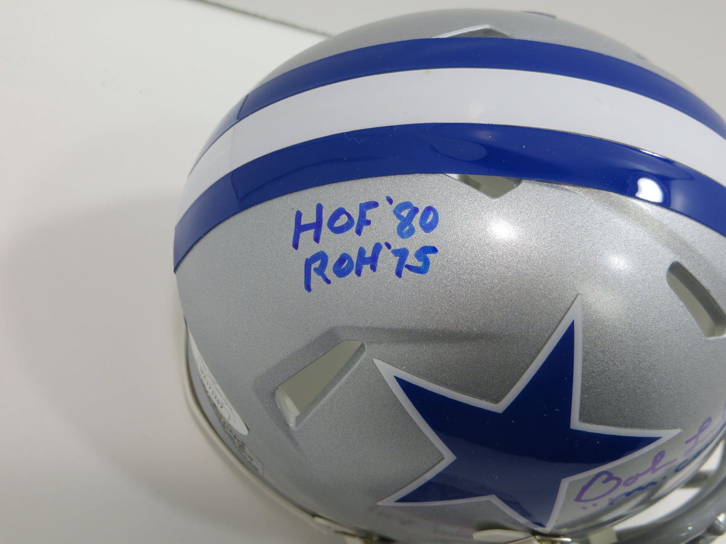 BOB LILLY SIGNED DALLAS COWBOYS MINI SILVER THROWBACK HELMET w/3 INSCs JSA