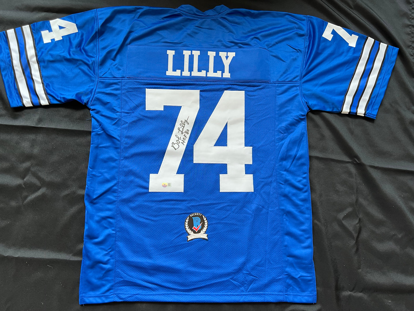BOB LILLY SIGNED BLUE JERSEY Size XL Dallas Cowboys w/HOF 80 BAS COA