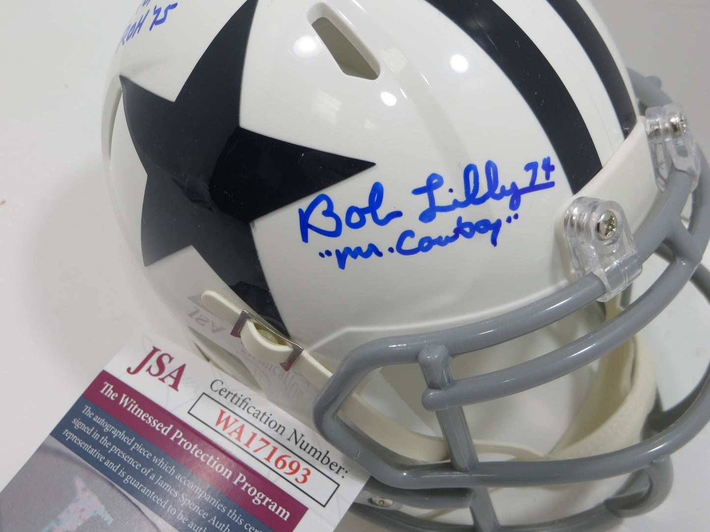 BOB LILLY SIGNED DALLAS COWBOYS MINI WHITE THROWBACK HELMET w/3 INSCs JSA