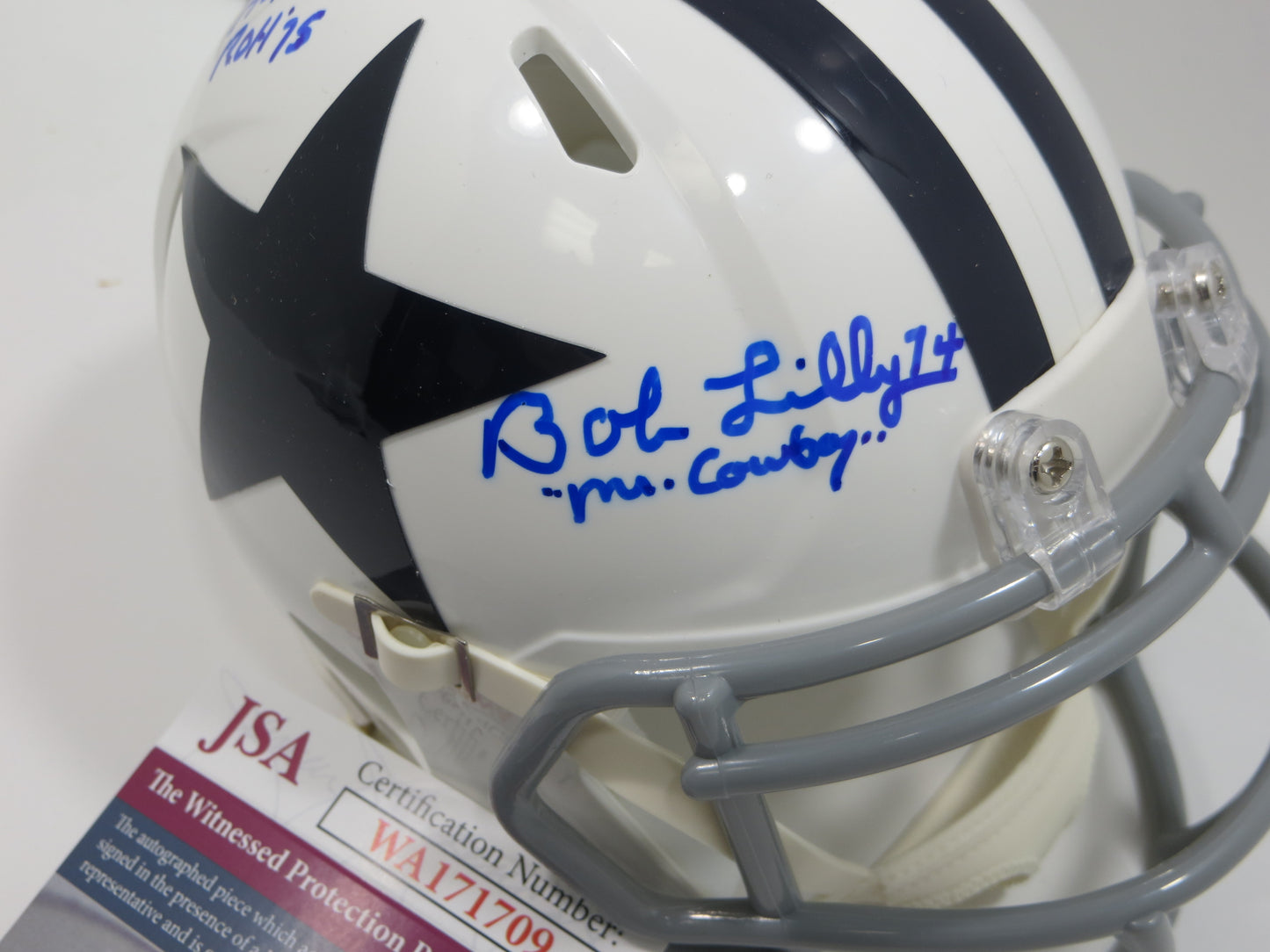 BOB LILLY SIGNED DALLAS COWBOYS MINI WHITE THROWBACK HELMET w/3 INSCs JSA